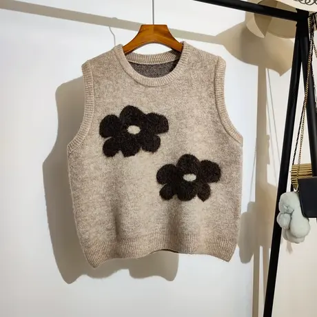 花朵毛衣马甲背心女秋冬新款宽松圆领时尚百搭无袖坎肩针织衫外套商品大图