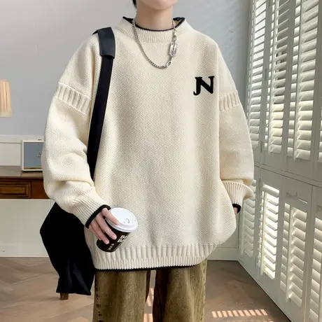 半高领毛衣男秋冬季潮牌宽松情侣款针织打底衫慵懒风套头线衣外套图片