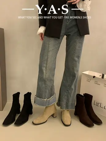 女士高跟短靴2023新款秋冬法式复古绒面粗跟瘦瘦靴洋气韩系小踝靴图片