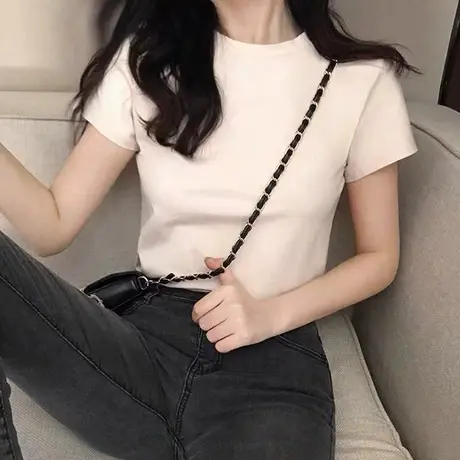 chic港味白色t恤女夏季2024新款修身显瘦打底衫欧货短袖T恤上衣商品大图
