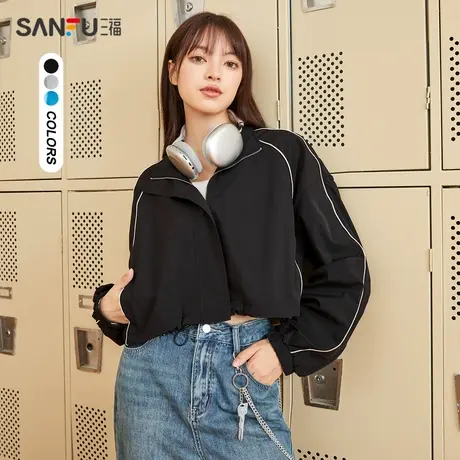 三福单外套2025秋抽绳下摆宽松短款立领运动风上衣女装473633Z商品大图