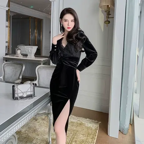 轻奢小众长袖礼服裙女宴会气质法式赫本风丝绒小黑裙连衣裙侧开叉图片