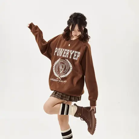 YEP复古学院风印花圆领卫衣女春秋新款美拉德穿搭宽松无帽上衣潮图片