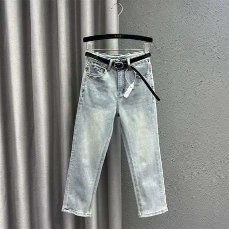 浅色简约休闲牛仔直筒裤女2024春季新款高腰修身显瘦九分烟管裤潮商品大图