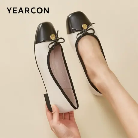 意尔康女鞋春秋季女士真皮单鞋浅口粗跟方头蝴蝶结皮鞋休闲配裙子商品大图