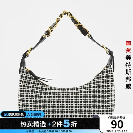 美特斯邦威时尚单肩包女春秋休闲时尚金属链条千鸟格拼接设计感包商品大图