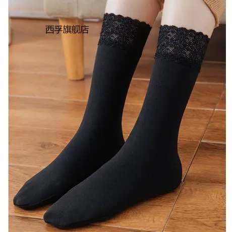 冬款女士小皮鞋德绒加厚中筒袜 蕾丝花边长筒袜地板袜保暖堆堆袜图片