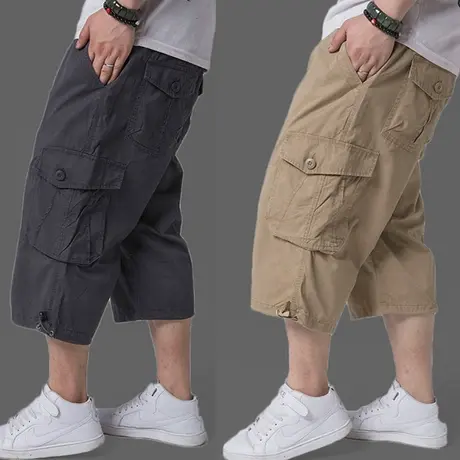 短裤男款夏季大码纯棉卡其色工装七分裤加肥加大多口袋中老年中裤商品大图