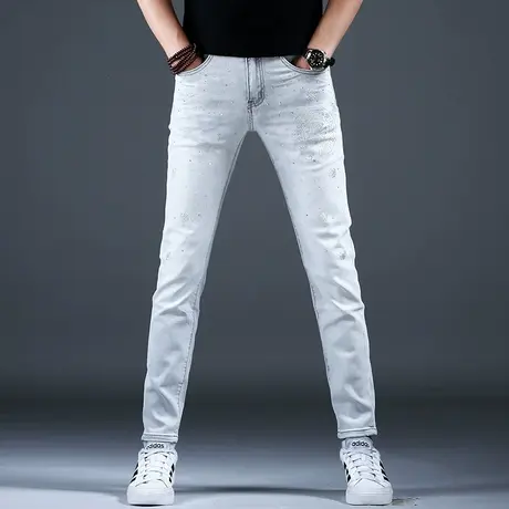 男士新款牛仔裤子时尚烫钻精致修身浅灰色小脚裤2024春季棉弹潮男图片