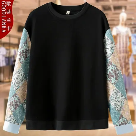 40-50岁中年妈妈春秋长袖上衣大码宽松洋气国服拼接撞色圆领卫衣商品大图