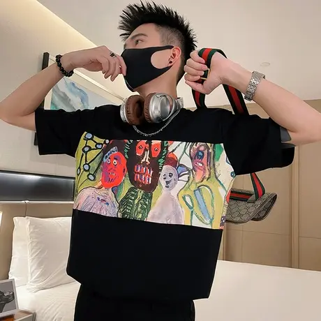 短袖T恤男夏季ins网红涂鸦印花拼接高级感油画感半袖上衣潮牌体恤商品大图