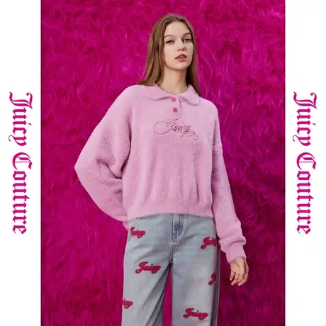 Juicy Couture橘滋樱粉蜜桃刺绣翻领羽毛纱女式毛衣图片