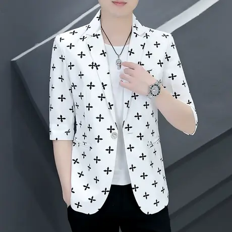 时尚夏装薄款西服男潮流韩版五分中袖外套夏季七分短袖帅气小西装商品大图