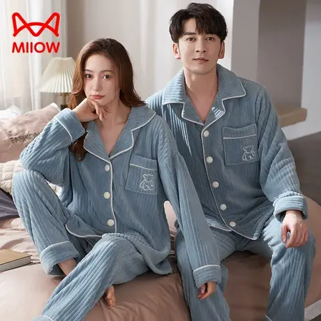 猫人2023年新款珊瑚绒睡衣女加绒加厚情侣款可爱秋冬季家居服套装图片