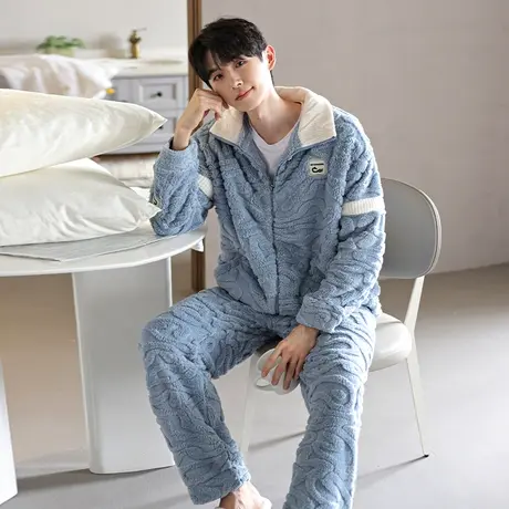 婷美保暖睡衣男长毛绒开衫立领加绒加厚珊瑚绒大码冬季套装家居服商品大图