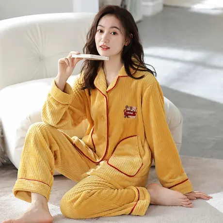 婷美珊瑚绒睡衣女冬季长袖加绒加厚长毛绒高档女款家居服纯色套装图片