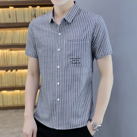 夏季短袖条纹衬衫男潮流韩版修身薄款寸衫百搭帅气正装打底衬衣潮商品大图