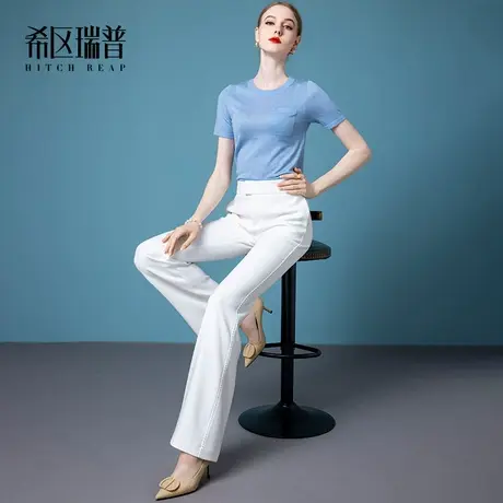 希区瑞普高端气质西装裤白色高腰烟管女2023春夏新款直筒微喇显瘦商品大图