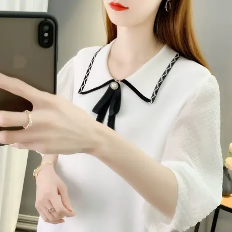 蕾丝半袖女2023夏季冰丝针织衫女夏薄款POLO领打底衫显瘦上衣洋气商品大图