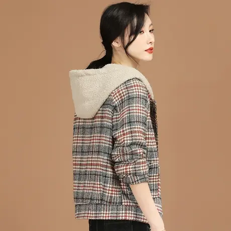 韩潮袭人羊羔绒连帽格子毛呢外套女2023年冬季棉衣棉服呢子大衣图片