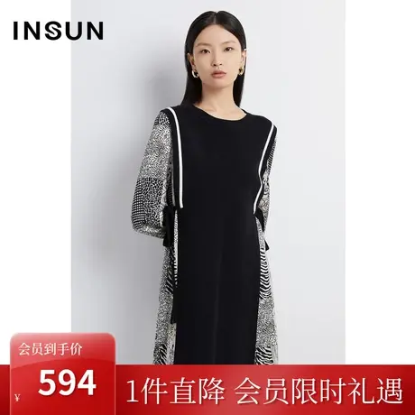 恩裳2023早春新品时尚水印印花假两件拼接设计通勤连衣裙图片
