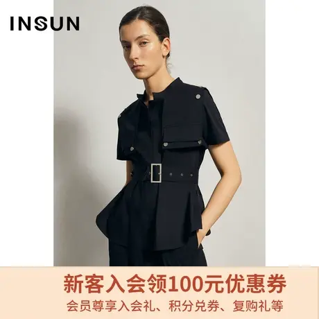 恩裳商场同款夏季时尚简约气质工装风黑色短袖衬衫上衣女图片