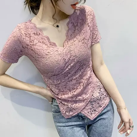 女装2023新款潮性感镂空蕾丝V领T恤女短袖夏季不规则交叉洋气上衣图片