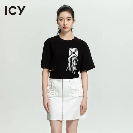 icy2023夏季新款女装个性休闲设计感短袖镂空露腰刺绣流苏T恤图片