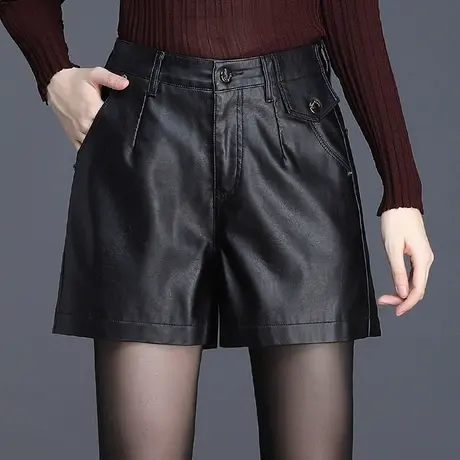 黑色PU皮短裤女秋冬2023新款外穿时尚阔腿裤百搭显瘦休闲皮裤靴裤图片