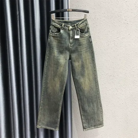 怀旧复古垂感直筒牛仔裤女2023秋季新款高腰宽松显瘦时髦拖地长裤商品大图