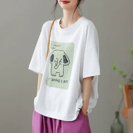 dza文艺纯棉短袖T恤女2023夏薄款落肩袖打底体恤宽松显瘦套头上衣商品大图