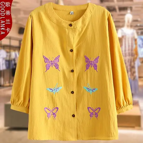 加肥加大码女中老年人七分袖衬衫洋气中年妈妈春夏装绣花棉麻上衣商品大图