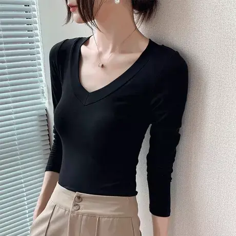 大V领纯色打底衫女2023春季新款低领百搭修身显瘦西装内搭长袖T恤商品大图