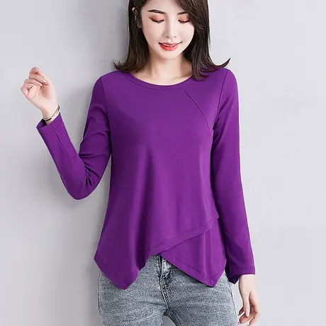 深紫色不规则下摆上衣女春季打底内搭纯色休闲圆领宽松洋气t恤衫图片