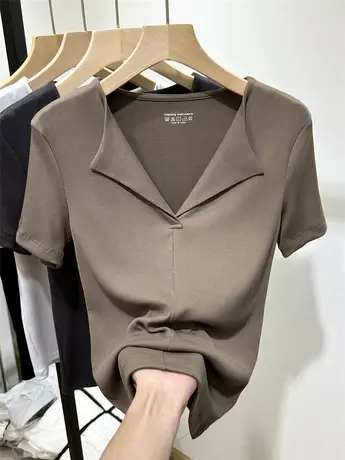 欧货螺纹时尚翻领短袖t恤女2023新款春夏季修身内搭打底小衫上衣商品大图