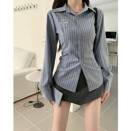 条纹衬衫女春季复古港味chic设计感小众修身显瘦长袖T恤纯欲上衣图片