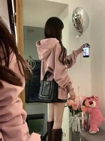 连帽粉色卫衣女款秋冬oversize宽松美式复古高级感超好看落肩外套图片