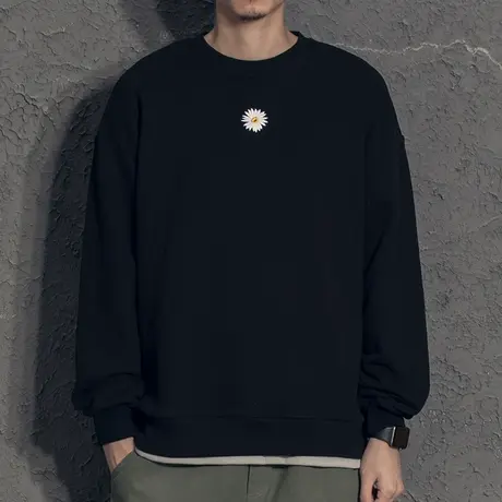 奕飏小雏菊刺绣潮牌卫衣男春秋款假两件拼接宽松潮流男士秋装上衣图片