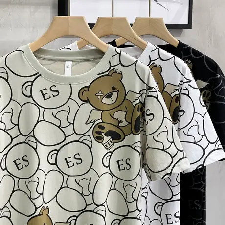 2023春夏季男士圆领短袖韩版潮流休闲百搭半袖满身印花T恤打底衫商品大图