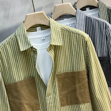 灯芯绒衬衣男春秋2023新款潮港风日系条纹拼接纯棉男士衬衫长袖图片