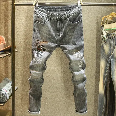 黑灰色大牌刺绣牛仔裤男款修身小脚裤潮流百搭欧货弹力休闲裤子男商品大图