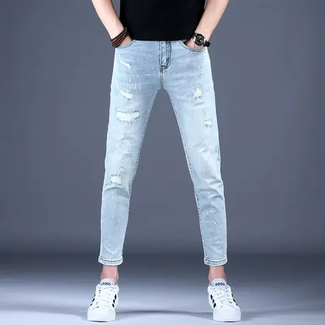 2023秋款潮流男士牛仔裤简约蓝灰色破洞修身街头风九分裤潮牌男裤图片
