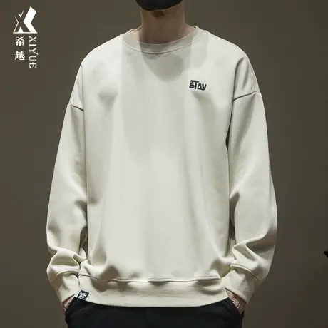 希越浅色刺绣套头卫衣男日系简约衣服宽松大码圆领男生内搭打底衫商品大图