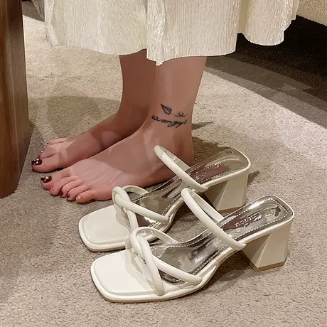 凉拖鞋女外穿夏季2023年新款一字带女款凉鞋露趾粗跟时尚高跟拖鞋商品大图