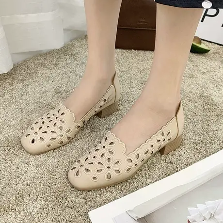 浅口粗跟单鞋2023春款方头网红复古镂空透气软底妈妈豆豆鞋女中跟商品大图