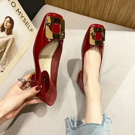 方扣单鞋女粗跟2023年春夏新款百搭职业工作鞋法式尖头漆皮高跟鞋商品大图