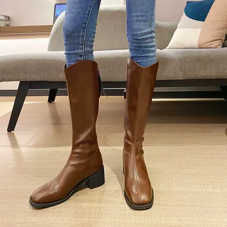 2023年冬季新款高筒骑士靴女不过膝时尚英伦风粗跟显瘦方头长筒靴商品大图
