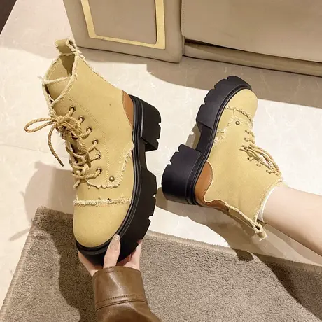 2023新款夏秋女靴厚底粗跟时尚毛絮款休闲马丁靴拼接设计感短靴女图片