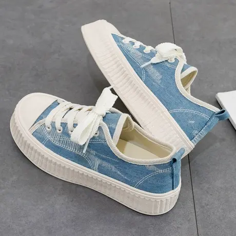 蓝色厚底饼干鞋女生2023春季新款松糕休闲帆布鞋百搭牛仔小众板鞋图片