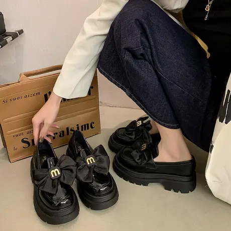 黑色厚底粗跟英伦风小皮鞋女2024春季新款蝴蝶结一脚蹬玛丽珍单鞋图片